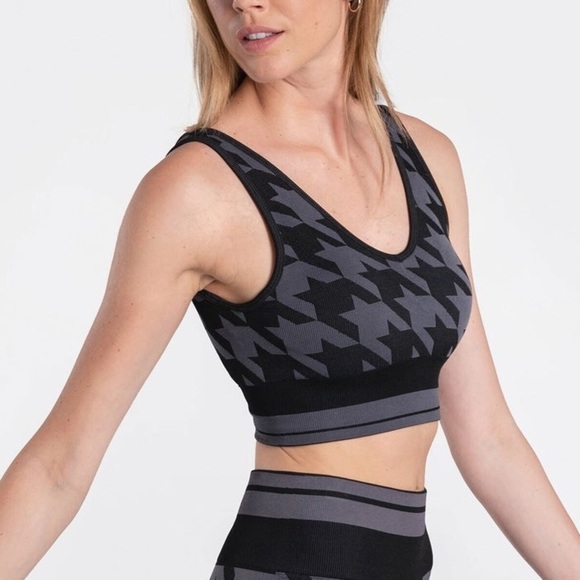 Lole Marlowe Sports Bra Seamless Black Grey Houndstooth Cropped Tank Top - Picture 8 of 13